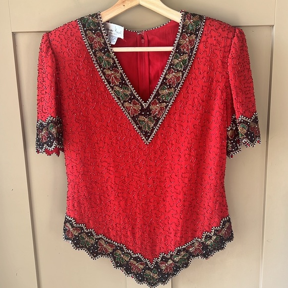 Vintage Laurence Kazar Sz M Allover Sequin Red Holiday Bow Novelty Trim Blouse - Picture 1 of 14